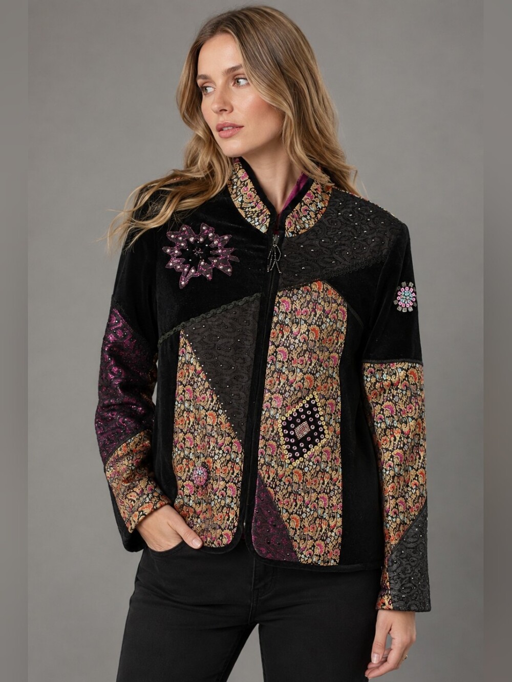 Velvet Patchwork Utility Jacket with Black & Purple Accents by Redd Jeans 💜